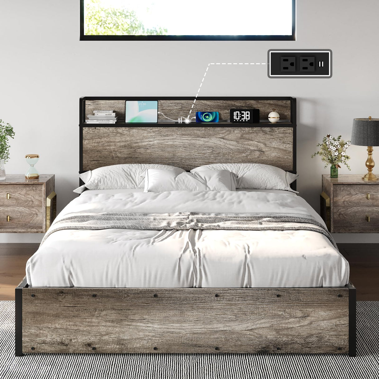 Wooden Platform Bed Frame with Lifting Storage & Charging Station