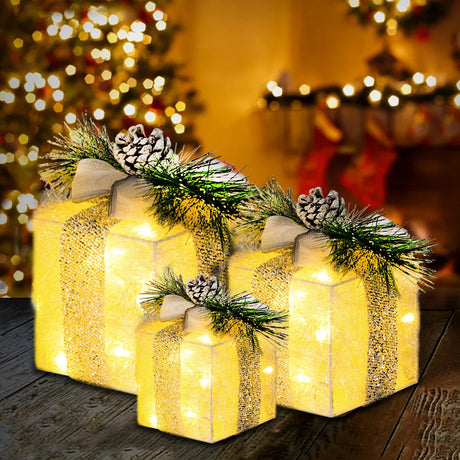 Plug in 60 LED Light Up Tinsel Present Box Decorations