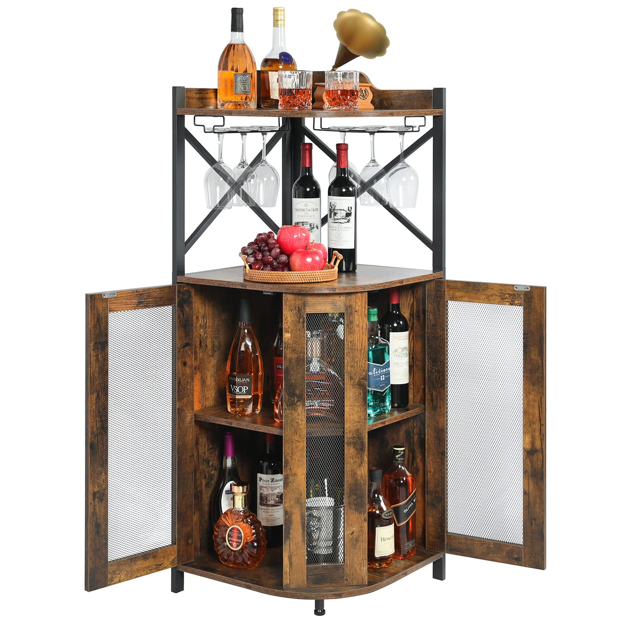 Corner Bar Cabinet with Glass Holder, Wine Cabinet with Mesh Door