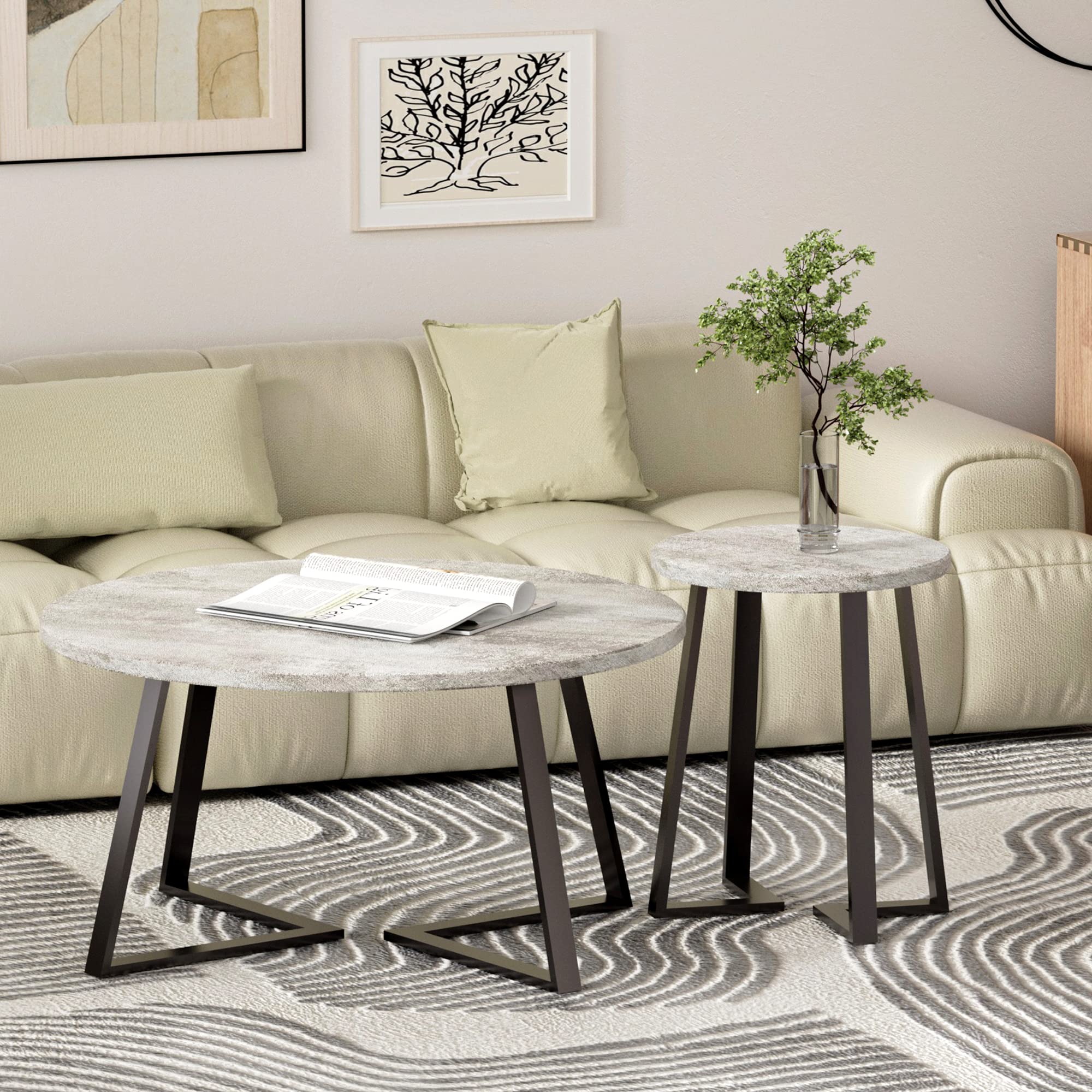 34" Round Coffee Table for Living Room - Industrial Concrete-Colored