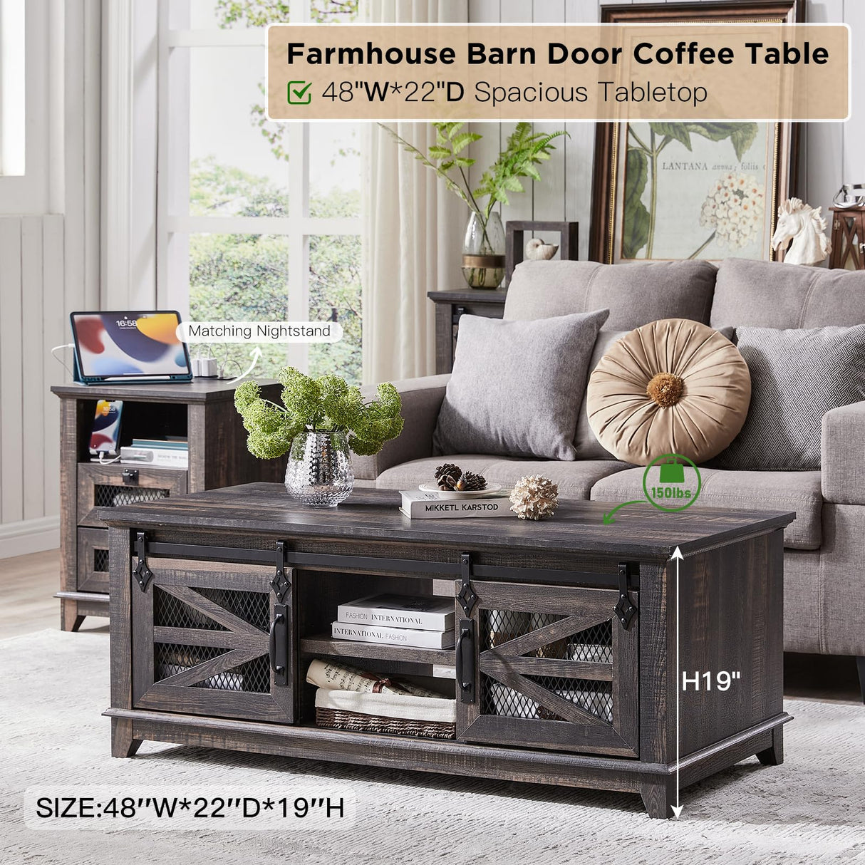 48'' Coffee Table with Storage & Sliding Barn Doors, Farmhouse & Industrial Center Table w/Adjustable Shelves