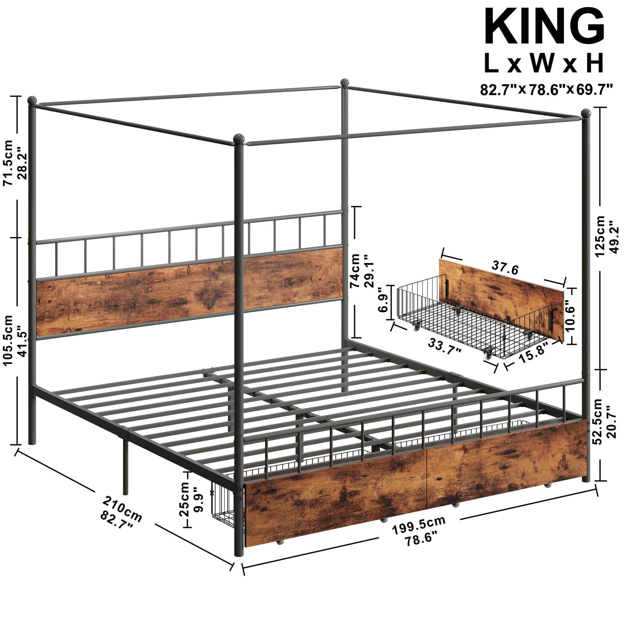 King Canopy Bed Frame with Wooden Headboard, King Size Bed Frame