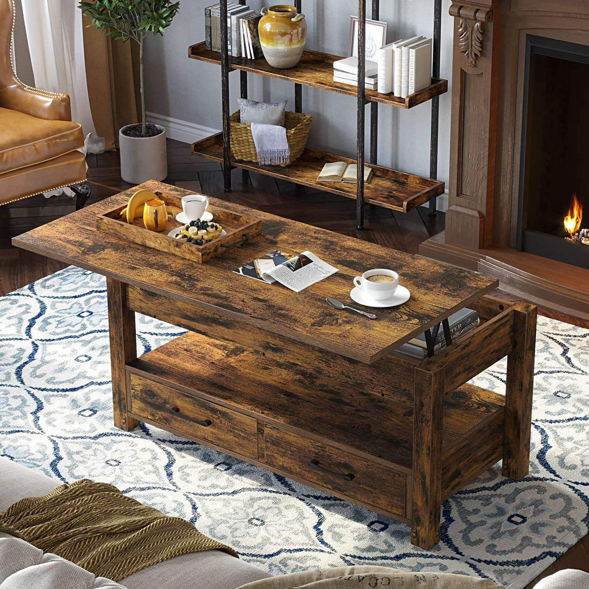 Lift Top Coffee Table with Drawers and Hidden Compartment, Retro Central Table with Wooden Lift Tabletop