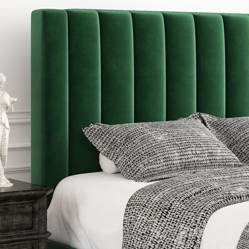 Queen Bed Frame/Velvet Upholstered Bed Frame with Vertical Channel Tufted Headboard