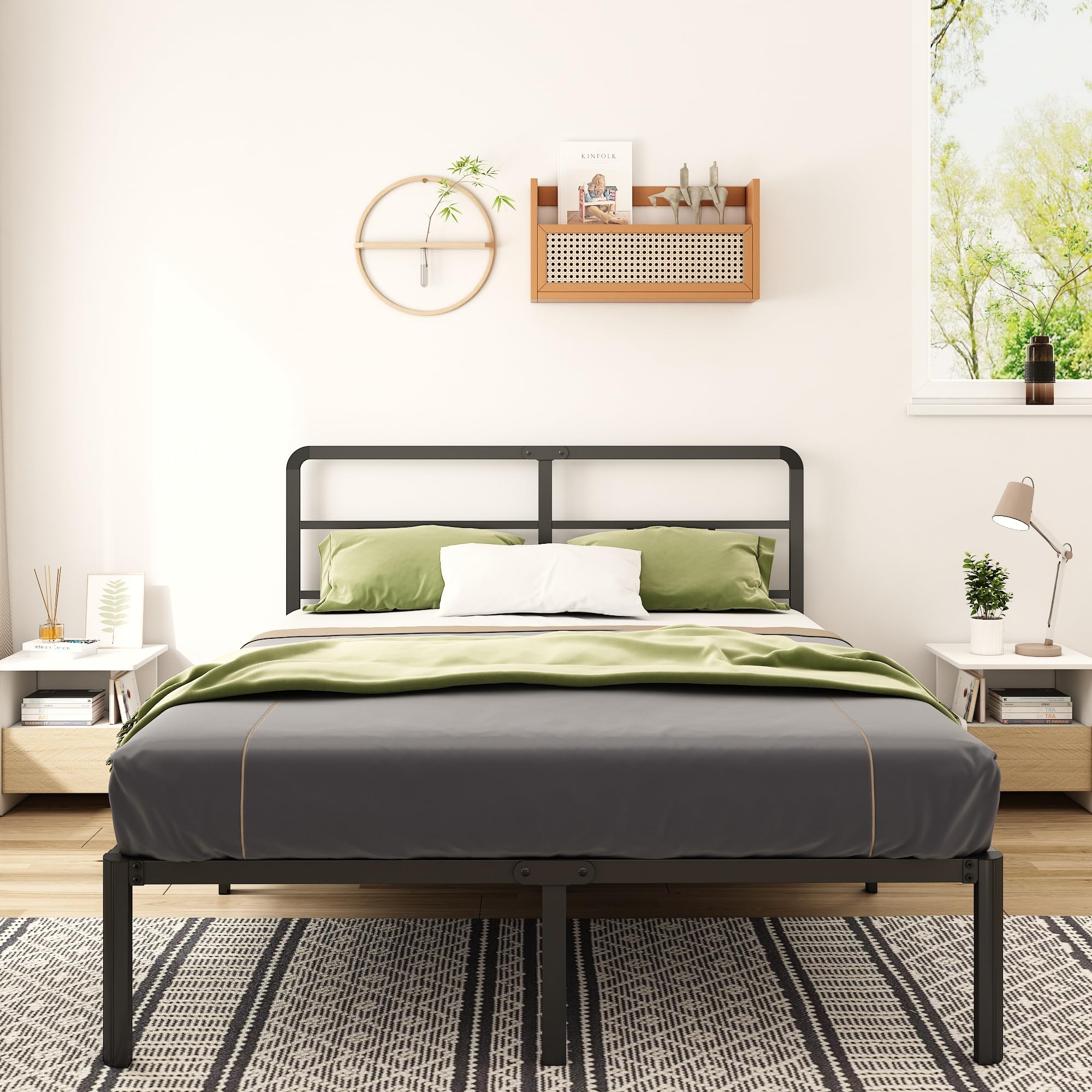 14 Inch Queen Size Bed Frame with Headboard, No Box Spring Needed
