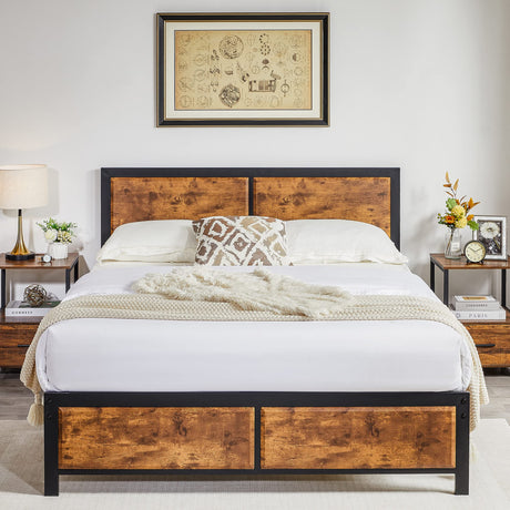 Queen Size Platform Bed Frame with Rustic Vintage Wood Headboard