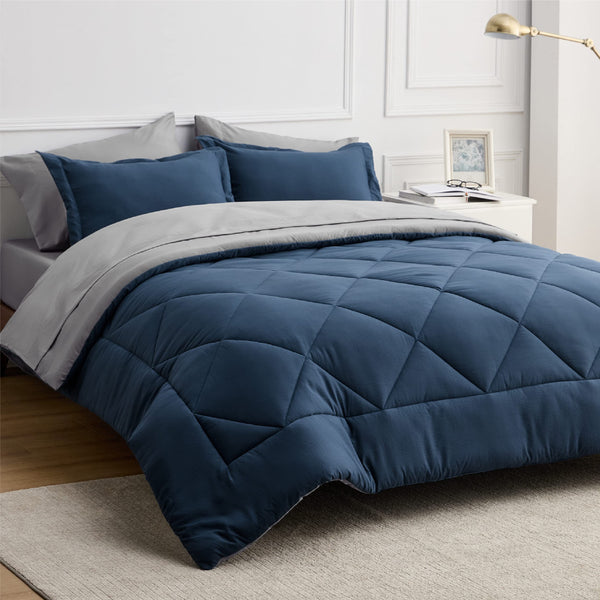 Navy Full Size Bed in a Bag - 7 Pieces Reversible Comforter Set Full Bed Set