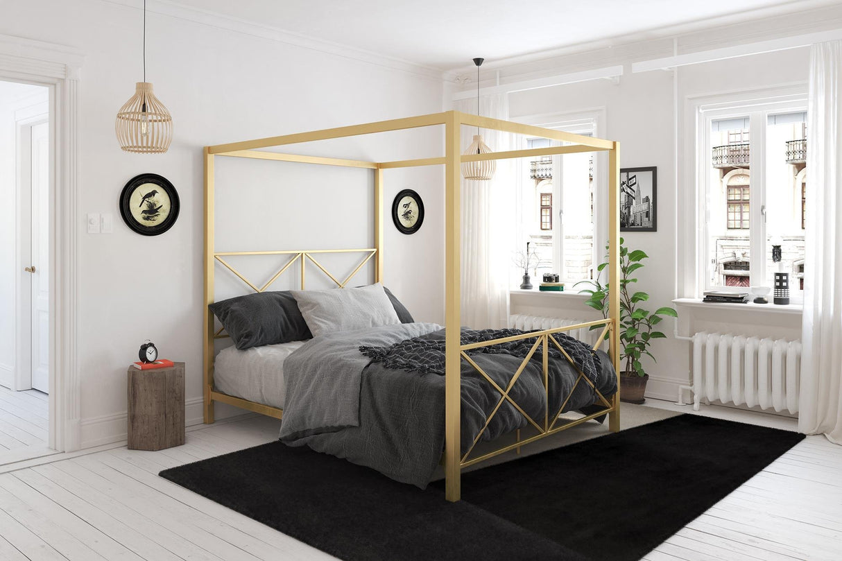 Rosedale Metal Canopy Bed Frame with Four Poster Design and Geometric Accented Headboard