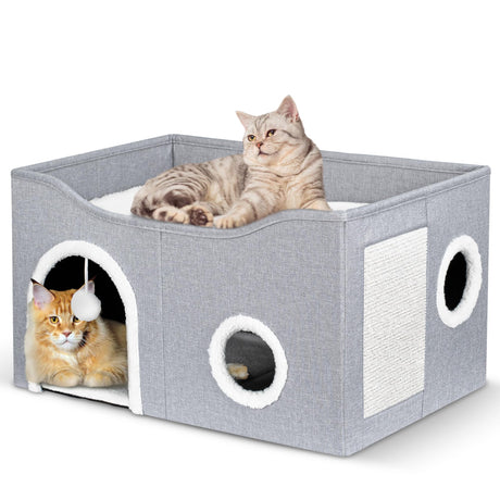 Cat House for Indoor Cats - Large Cat Bed Cave with Fluffy Ball and Scratch Pad