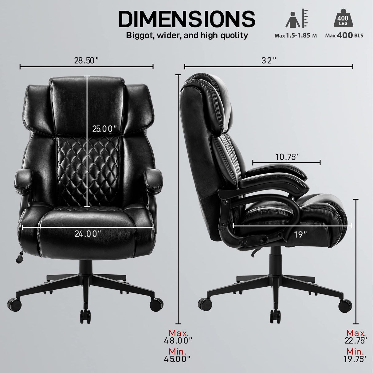 High Back Big & Tall 400lb Office Chair - Heavy Duty Metal Base