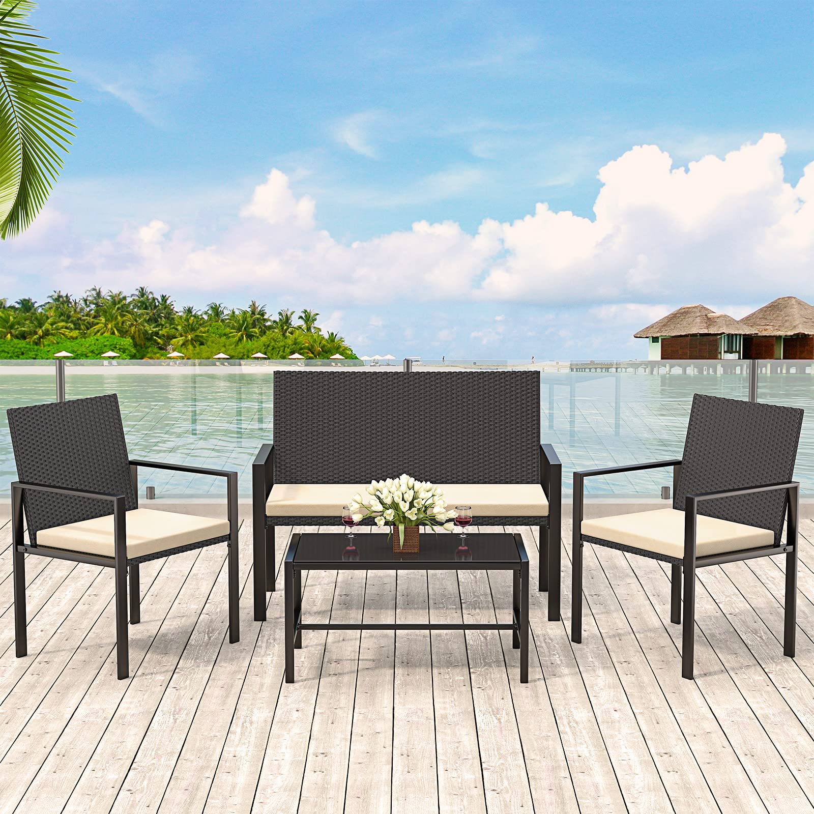 Patio Furniture Set, 4 Pcs Outdoor Conversation Furniture Extra Cushions