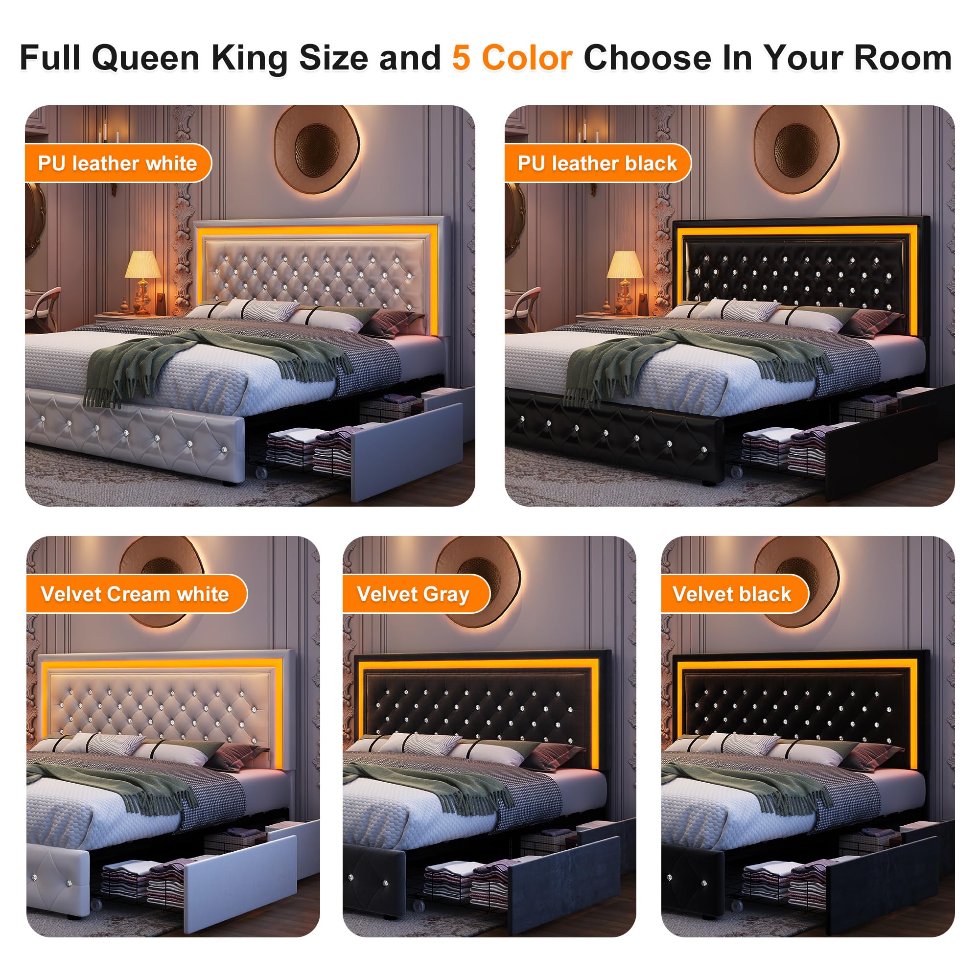 Queen Led Bed Frame with 4 Storage Drawers Adjustable Headboard
