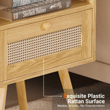 Nightstands Set of 2, Night Stands with Charging Station & PE Rattan Decor Drawer, Bed Side Tables with Solid Wood Feet