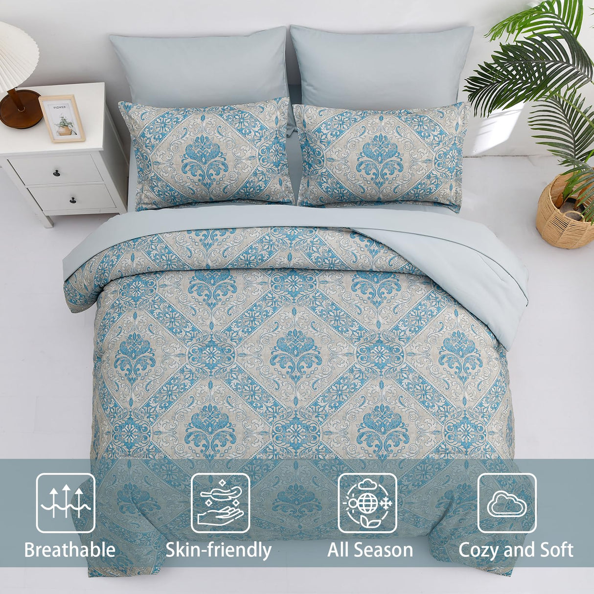 Blue Comforter Set  Damask Pattern Bed in a Bag Boho Paisley Bedding