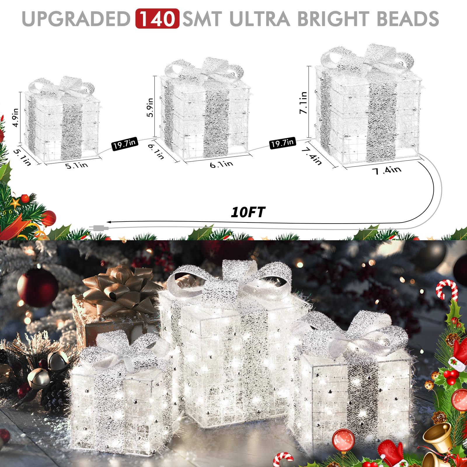 Christmas Lighted Gift Boxes, 140 LEDs Light Up Presents