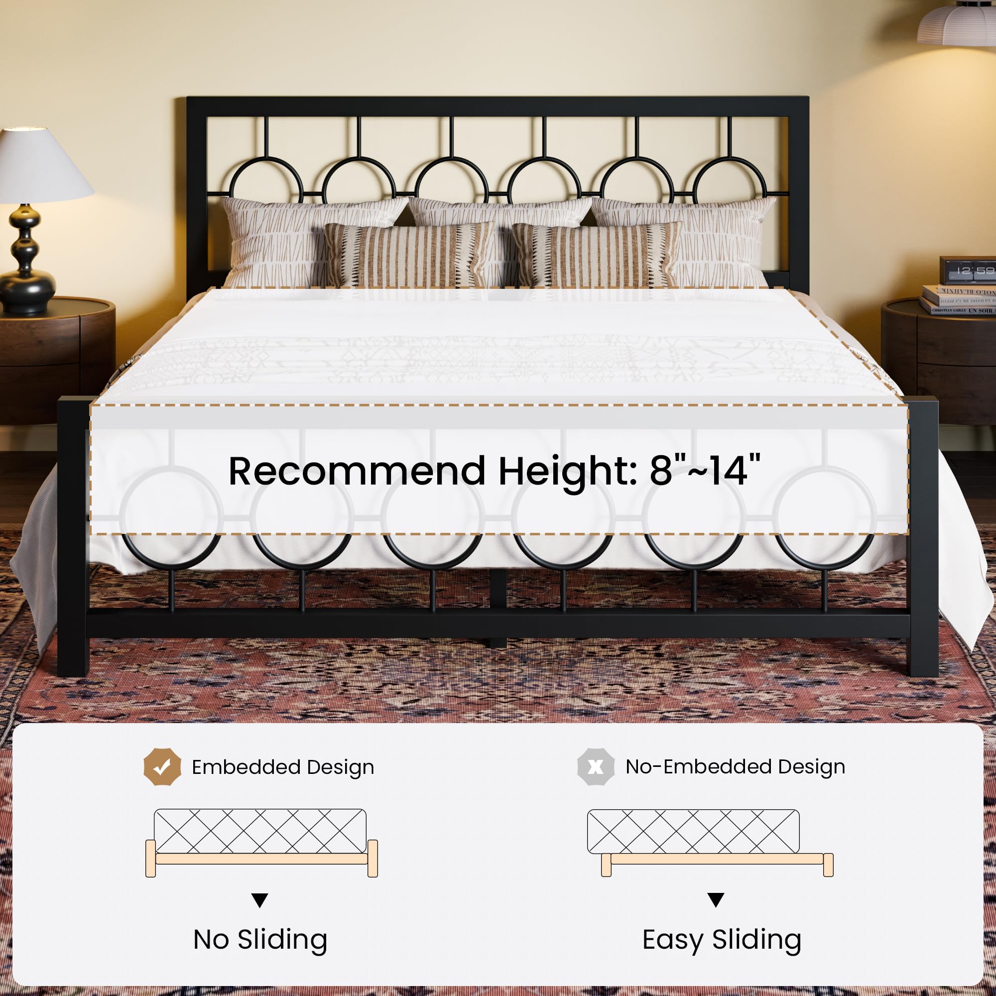 King Size Metal Bed Frame with Vintage Circular Design Headboard and Footboard