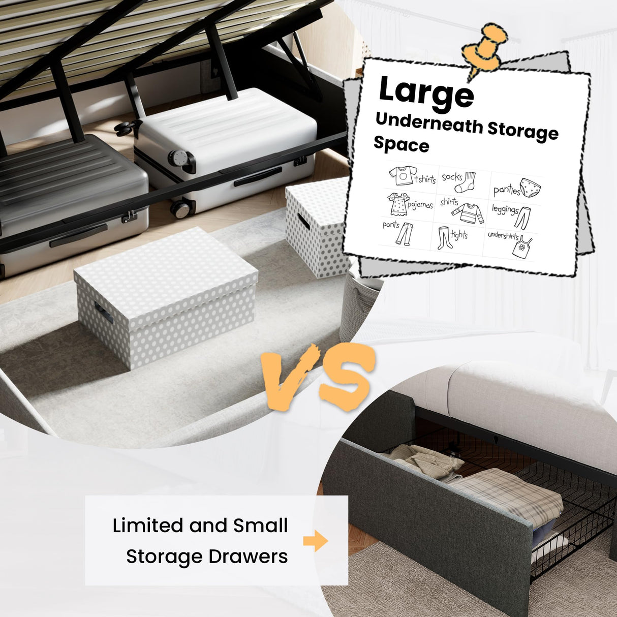 Lift Up Storage Bed/Modern Wingback Headboard/Upholstered Platform Bed Frame