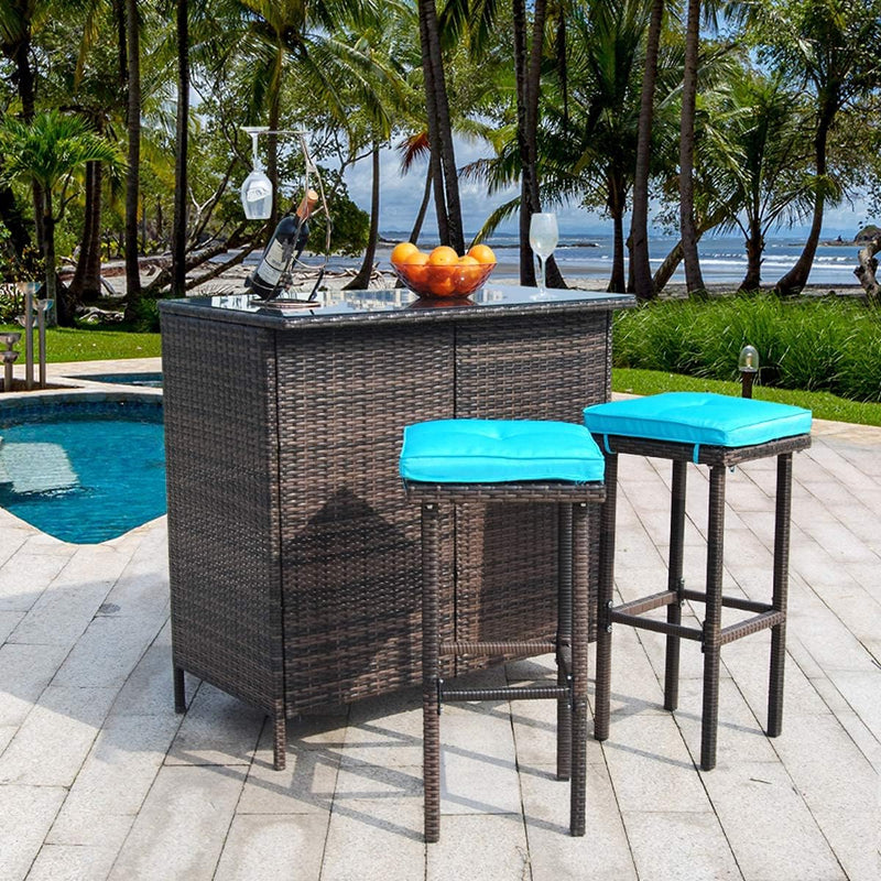 3PCS Patio Bar Set with Stools and Glass Top Table Patio