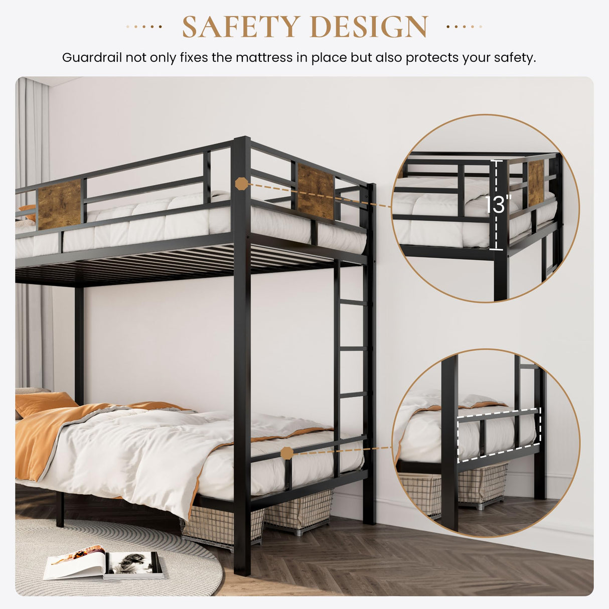 Bunk Bed Twin Over Twin Size with Ladder and Full-Length Guardrail, Metal