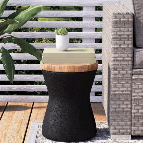 Outdoor End Table, Drum Side Table Faux-Wood Top