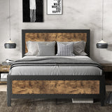 Grey Metal Bed Frame Queen/Industrial Wooden Platform Bed with Rivet Headboard