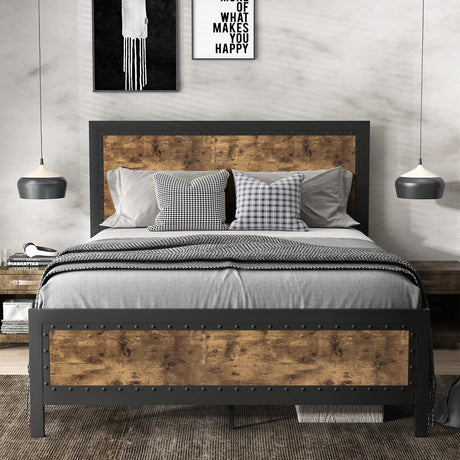 Grey Metal Bed Frame Queen/Industrial Wooden Platform Bed with Rivet Headboard