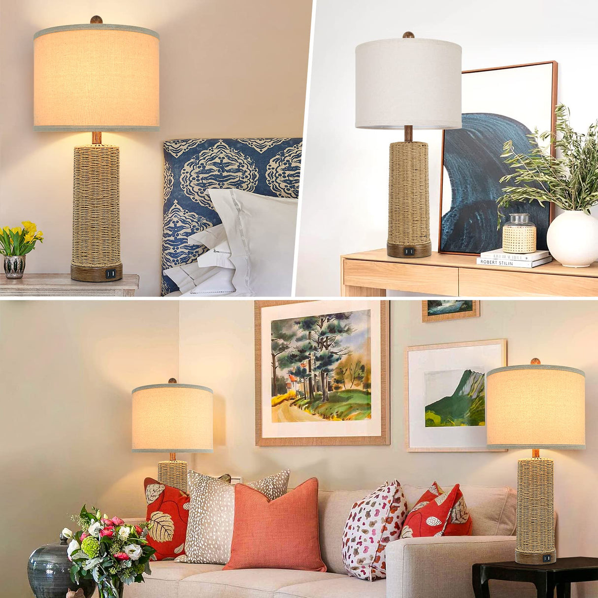 Coastal Table Lamps Set of 2 with 2 USB Ports