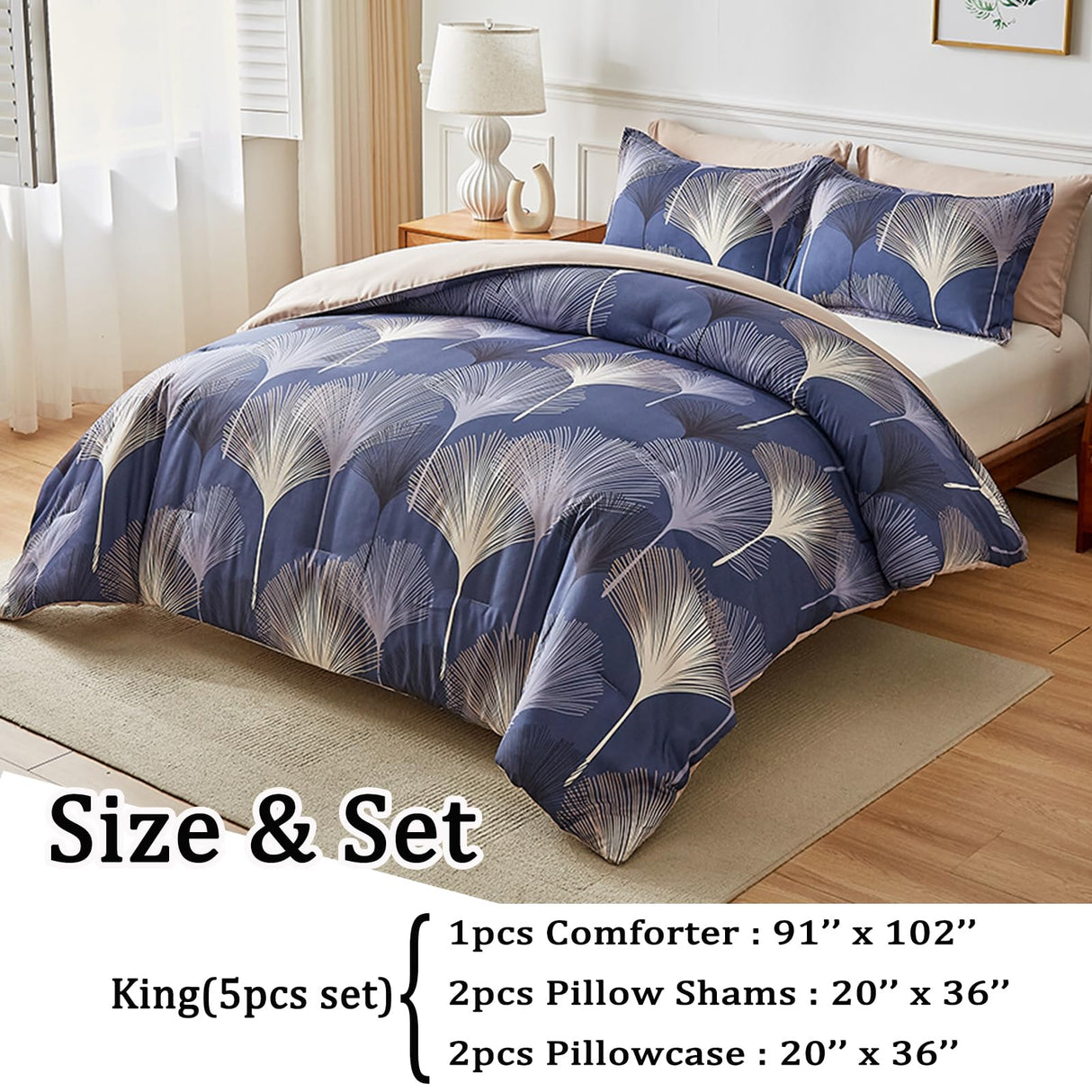 Navy Leaf Comforter Set King(91'' x 102'') Size Whole Piece Filling Light Weight Comforter