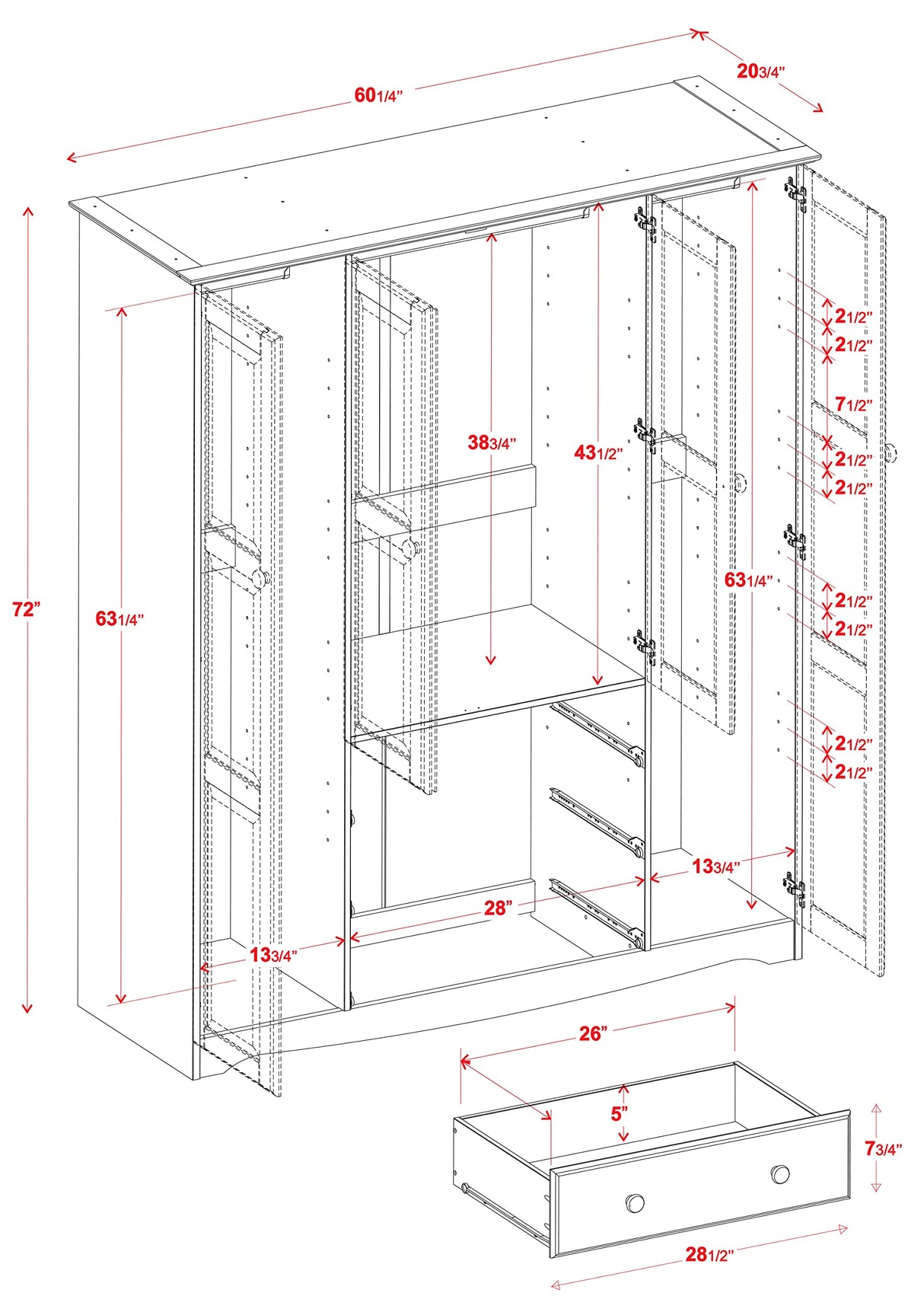 100% Solid Wood Family Wardrobe/Armoire/Closet, Mocha. 3 Clothing Rods Included