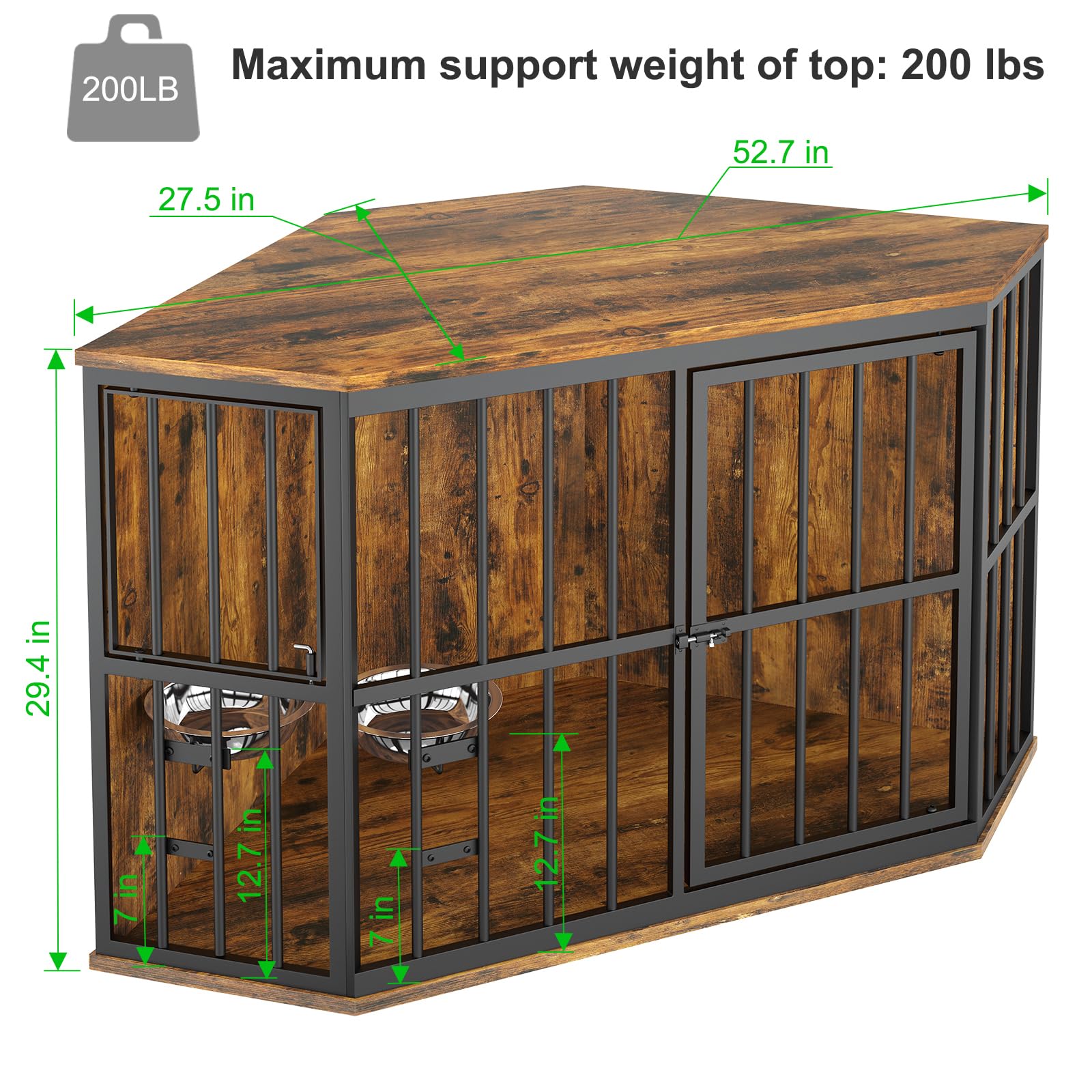 53 inch Furniture Dog Crate Corner, Dog Kennel Corner Wooden End Table with Bowl