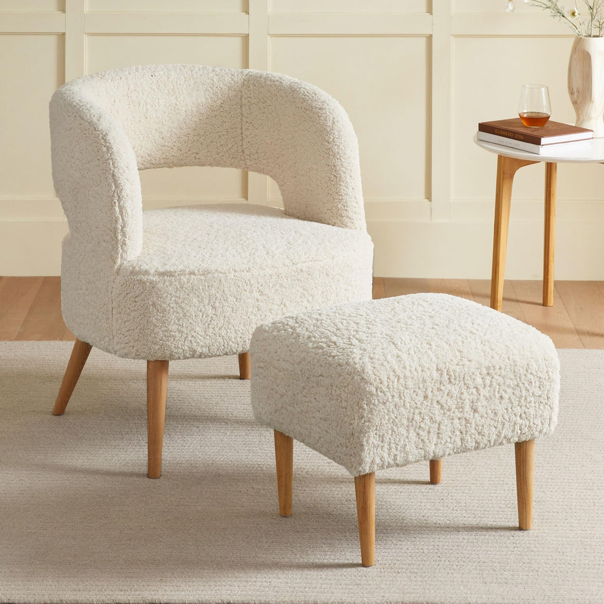 Accent Chair with Ottoman Teddy Fleece Upholstered