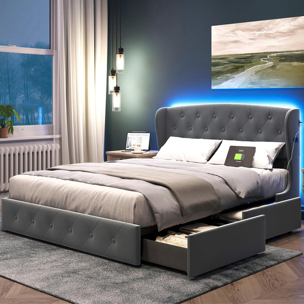 Queen Bed Frame with 4 Drawers & Headboard, Bed Frame with RGB Lights & Fast Charger