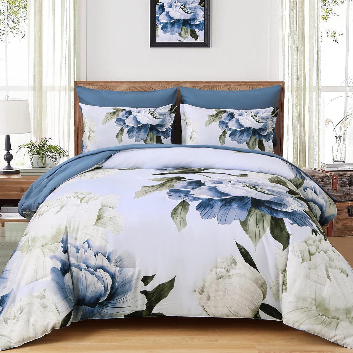 Blue Queen Comforter Set 7 Piece Bed in a Bag Queen