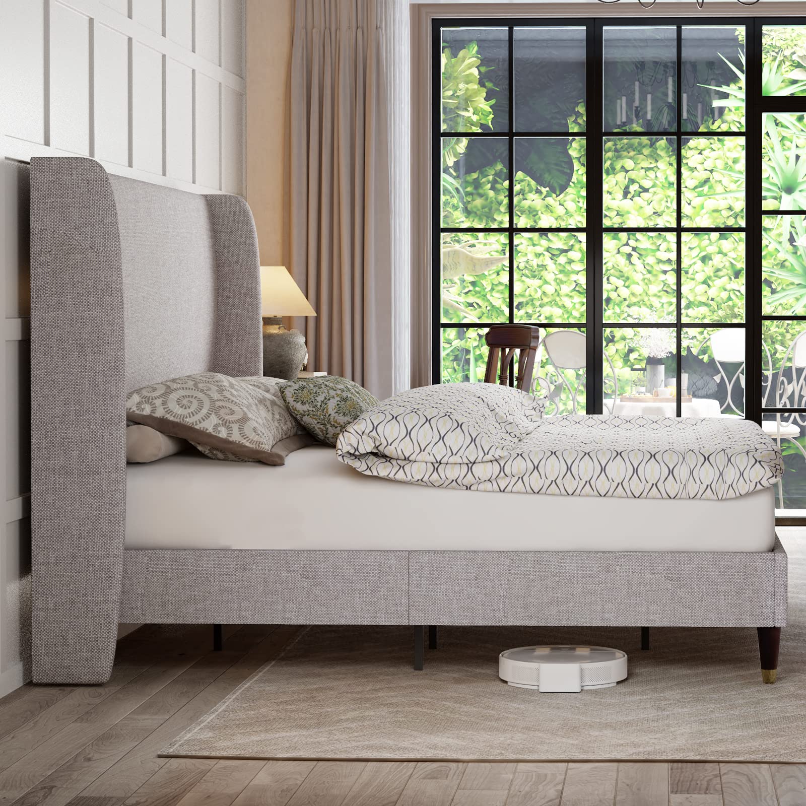 Queen Platform Bed Frame 51.2" High Headboard Linen Tall Upholstered Bed/No Box