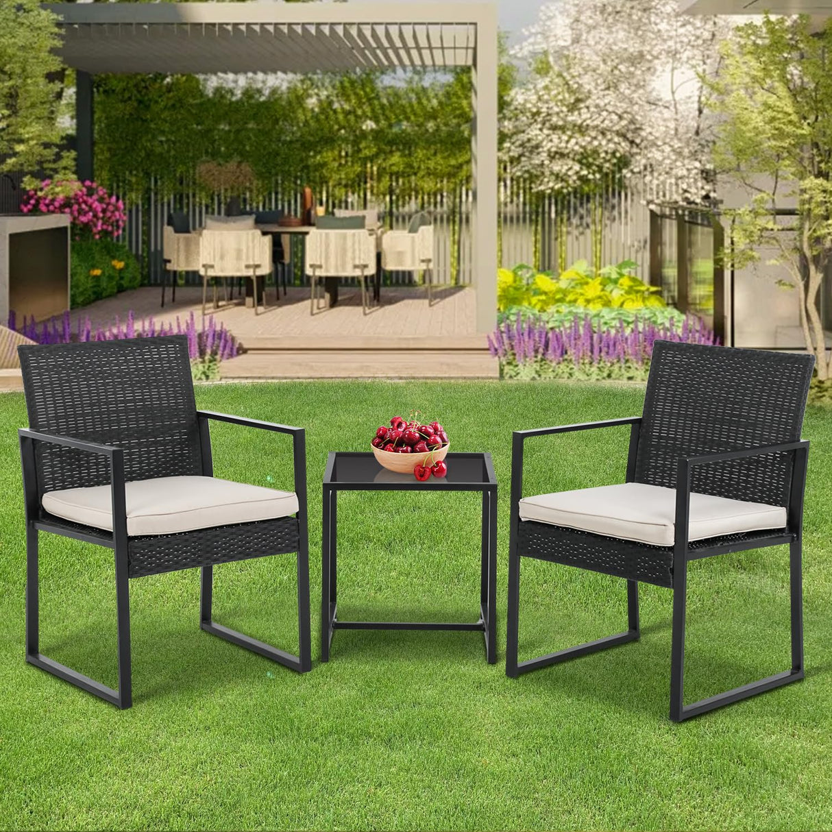 3-Piece Rattan Wicker Bistro Set Outdoor Conversation Set Sturdy Frame Wicker