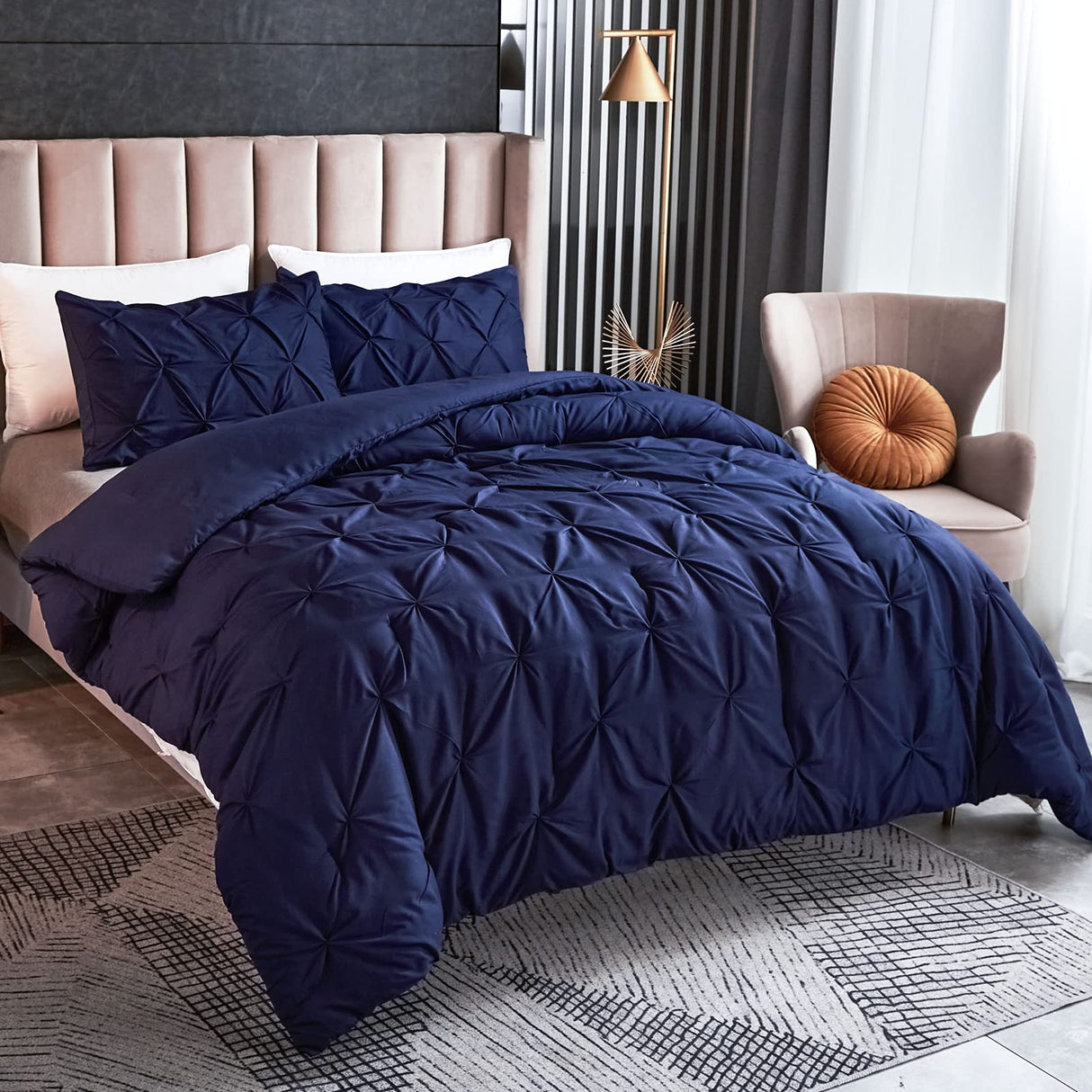 Pinch Pleated Navy Comforter Set Queen Size Bed, 3 Piece Pintuck Bedding Sets