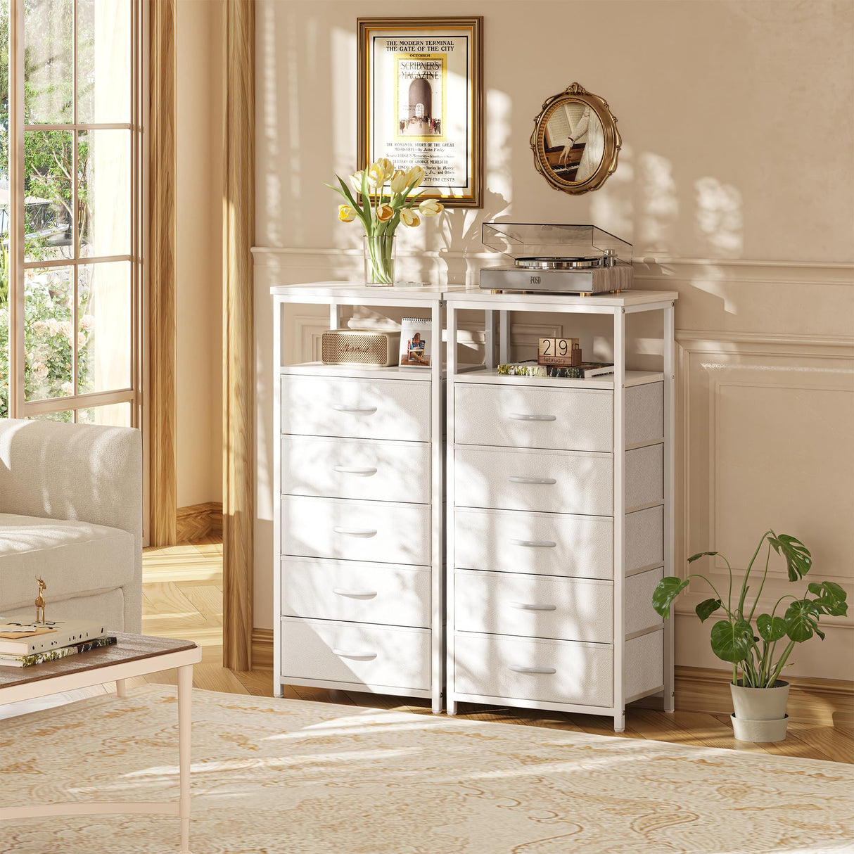 5 Drawers Dresser with Charging Station, Dresser for Bedroom, Tall Night Stand