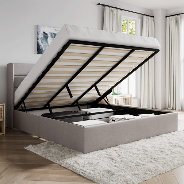 King Size Lift Up Storage Bed/Modern Wingback Headboard/Upholstered Platform Bed Frame