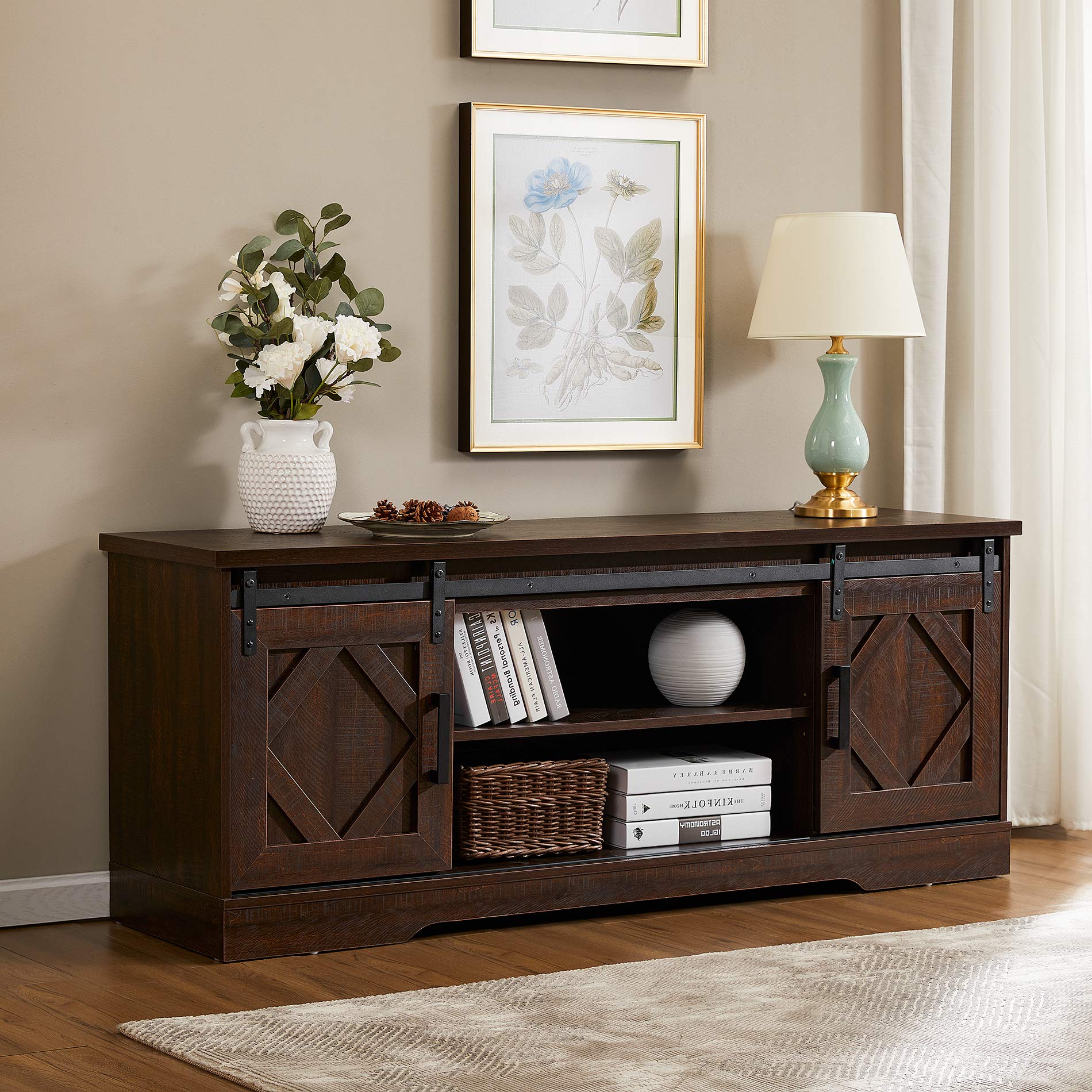 Farmhouse TV Stand Modern Sliding Barn Door Entertainment Center for TV