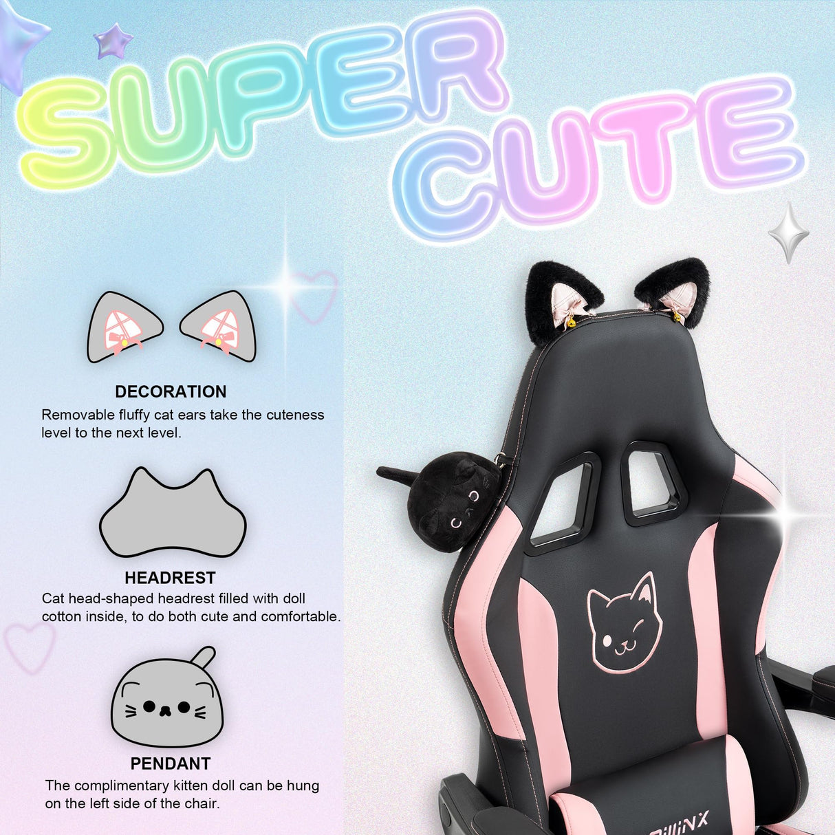 Gaming Chair Cute with Cat Ears and Massage Lumbar Support