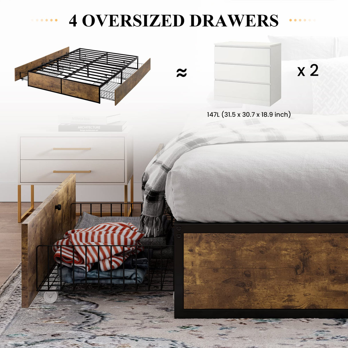 Queen Bed Frame with Storage, Platform Bed with 4 Extra Large Storage Drawers