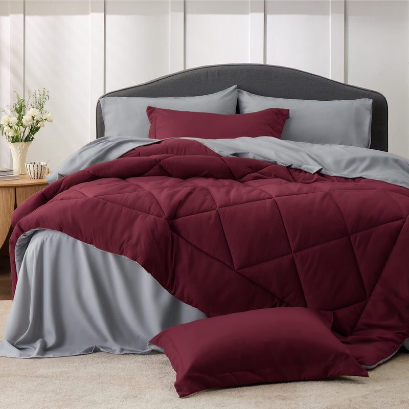 Burgundy Queen Comforter Set - 7 Pieces Reversible Queen Bed in a Bag Queen Bed Set