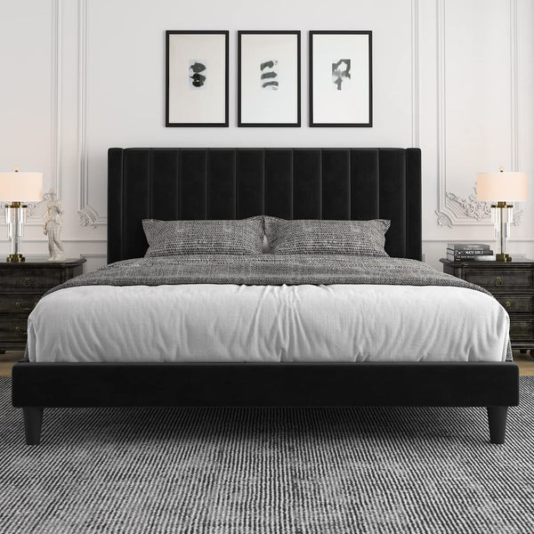 King Bed Frame/Velvet Upholstered Bed Frame with Vertical Channel