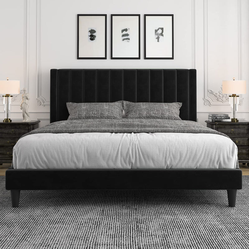 King Bed Frame/Velvet Upholstered Bed Frame with Vertical Channel Tufted Headboard