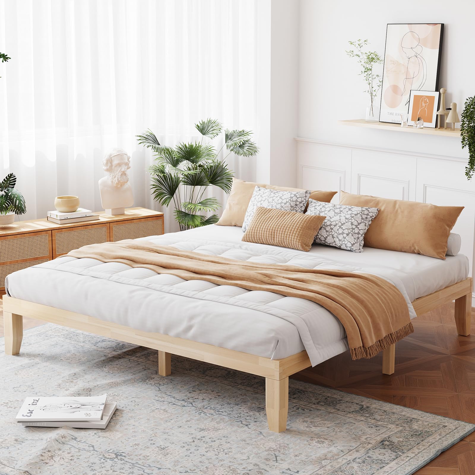 King Wood Platform Bed Frame, 14 Inch Solid Rubber Wood Mattress Foundation
