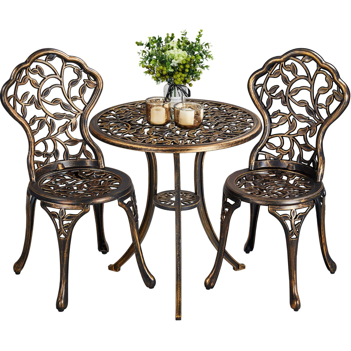 3-Piece Outdoor Bistro Set Leaf Design, Rust-Resistant Cast Aluminum Table