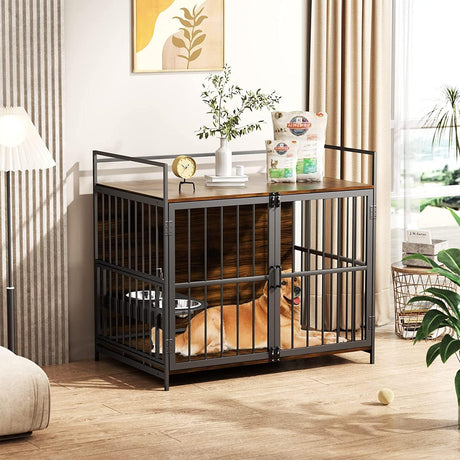 Furniture Style Large Dog Crate with 360° & Adjustable Raised Feeder for Dogs