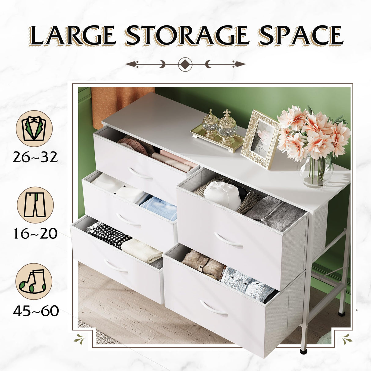 Dresser for Bedroom with 5 Drawers, Wide Bedroom Dresser with Drawer Organizers