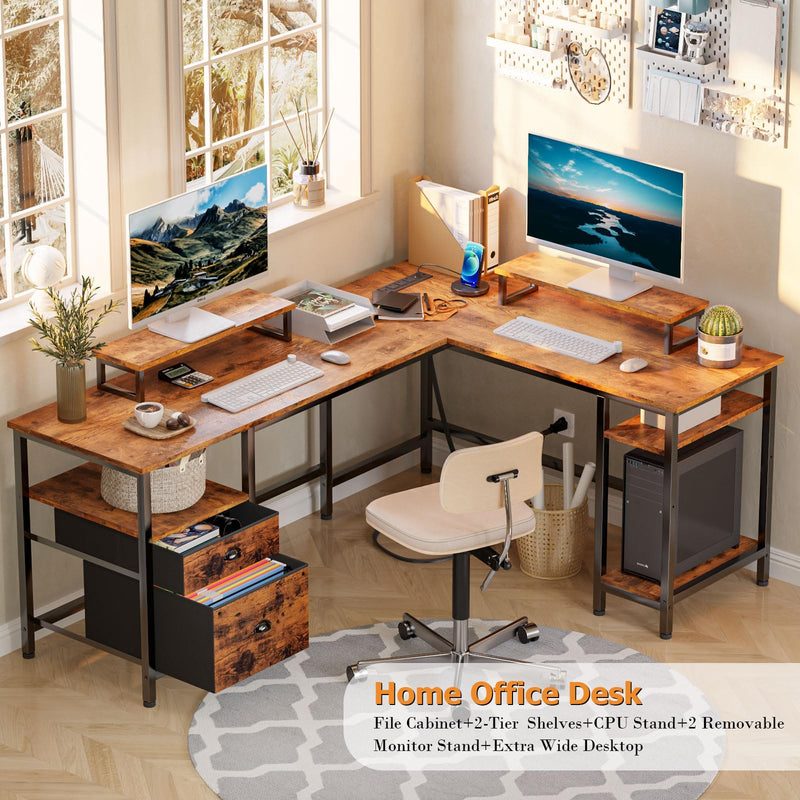 66” L Shaped Desk with Power Outlet, Reversible Computer Desk with File Drawer