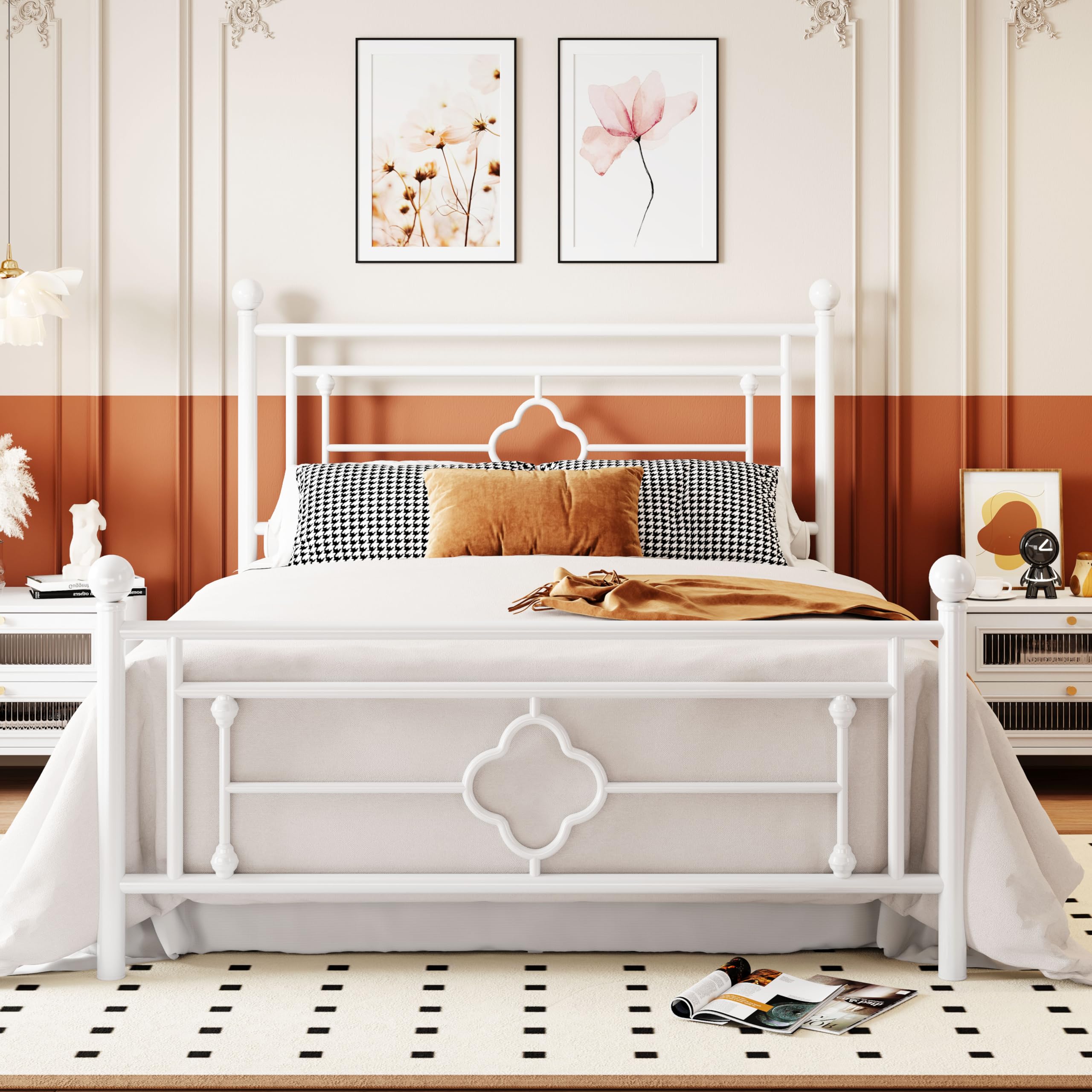 Queen Size Metal Platform Bed Frame with Victorian Vintage Headboard and Footboard
